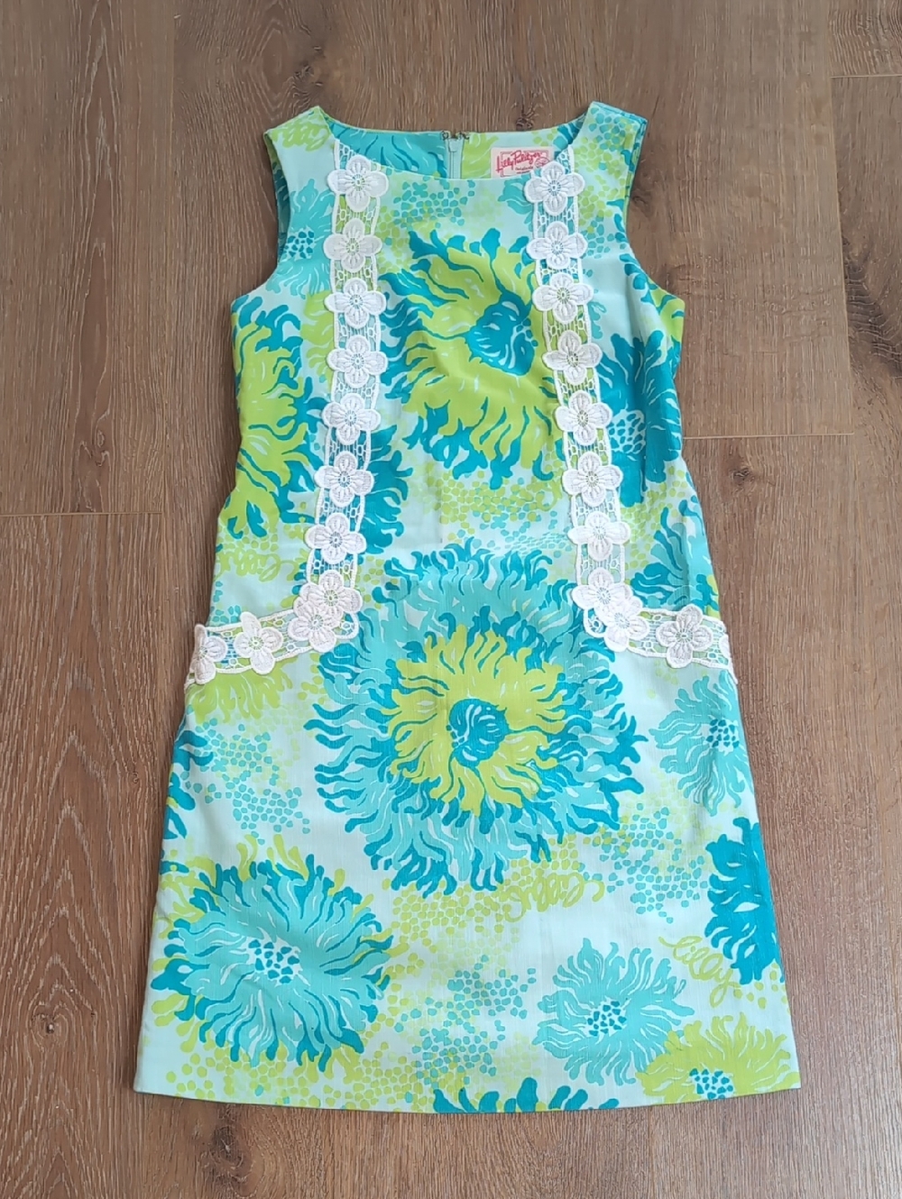 Lilly Pulitzer Aqua & Lime Floral Shift Dress with Lace Trim